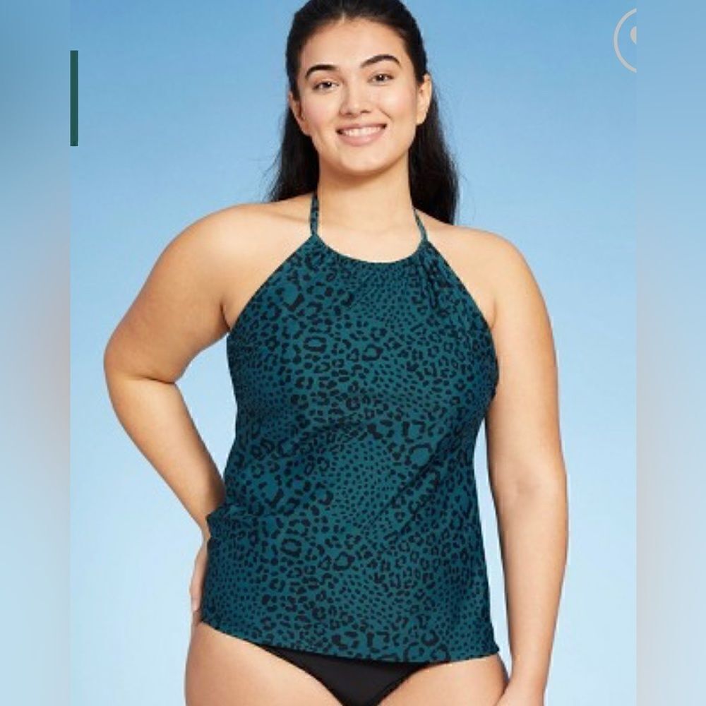 Kona Sol High Neck Open Back Tankini Top Black Blue Leopard Print Mult Sz NWT